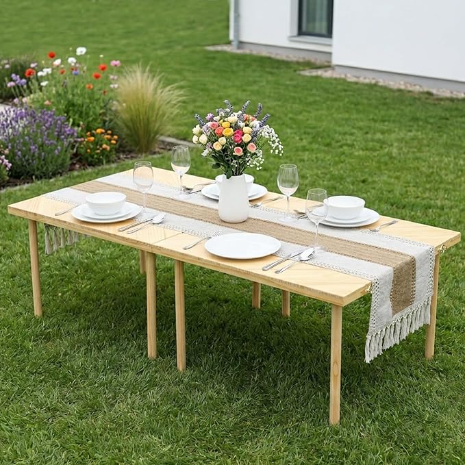 Upgraded Mini Low Wooden Folding Picnic Table with 8-Legs, Thick Varnished Tabletop, 44"×30" Portable Boho Beach Table with Table Runner for Yard, Indoor & Outdoor (Diagonal)