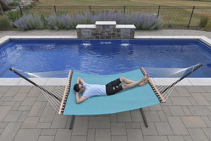 Vivere Quick-Drying Phifertex Fade Resistant Double Poolside Hammock with Spreader Bars (Blue Hawaii)