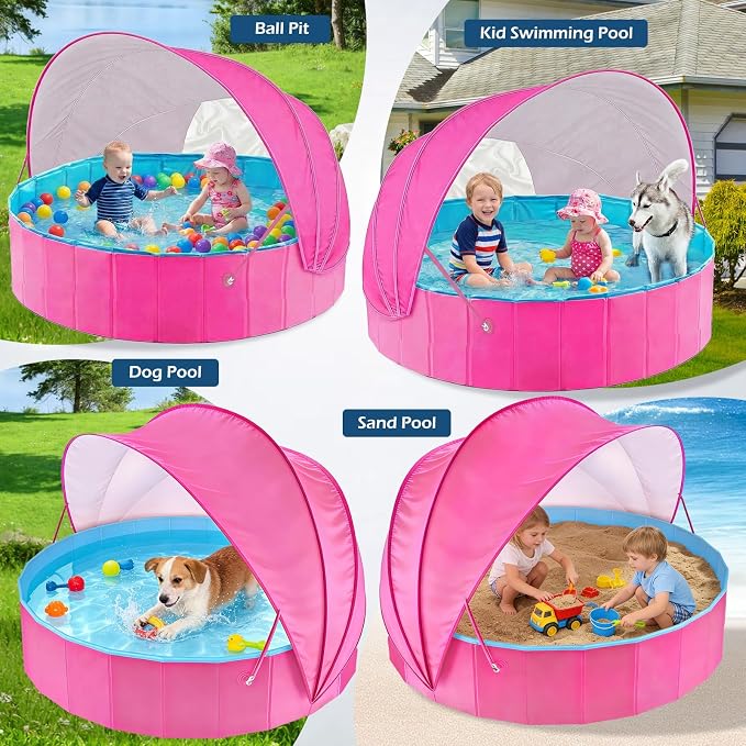 Jasonwell Kiddie Baby Pool with Canopy - Foldable Infant Toddler Kids Pool with Shade Baby Beach Essentials Tent Swimming Wading Pools for Toddlers 1-3 + Kids Dogs Ball Pit Backyard Water Play R, 79"