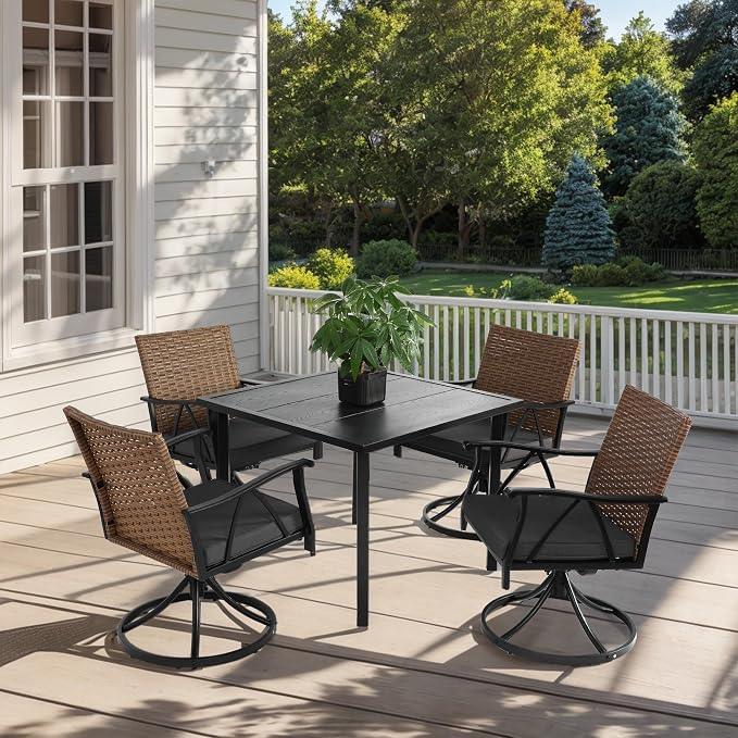 GDFStudio 5-Piece Patio Dining Set,Outdoor Wicker Furniture Set with Swivel Rocker Chairs,Square Steel Table with Umbrella Hole, Cushioned Seating with Removable Covers for Garden,Poolside,Brown Gray