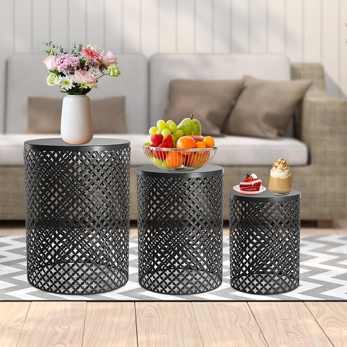 Outdoor Side Table, 3PCS Round Metal Frame Coffee End Tables, Modern Decorative Garden Stool, Multifunctional Nesting Side Table for Garden, Balcony, Cafe, Park, Pool Side (Black)