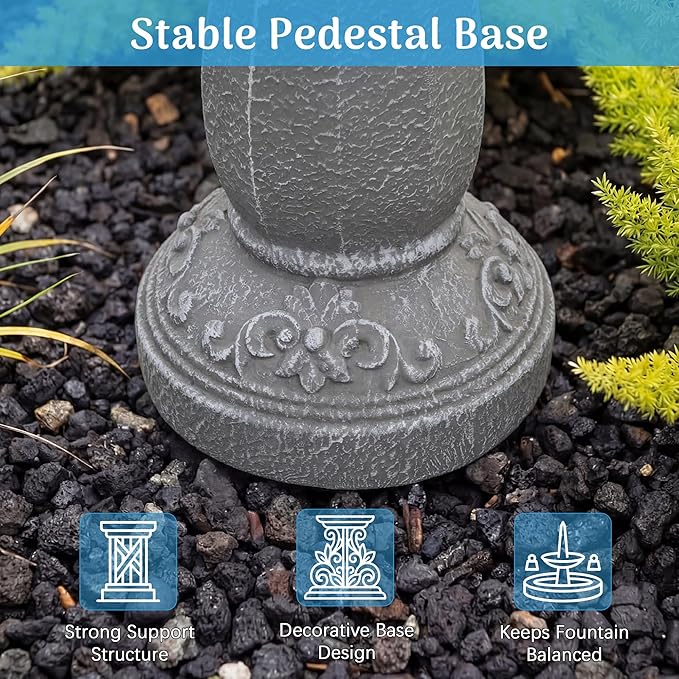 Redlife 37" Tall Outdoor Waterfall Fountain, 2-Tier Classic Pedestal Garden Water Feature with Pinecone Finial, Stone-Look Waterproof Resin Fountain for Patio, Yard, Lawn Decor, Grey