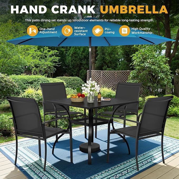 Incbruce 6 Pieces Patio Dining Set with Sky Blue Umbrella, Outdoor Dining Set of 4 Textilene Chairs and Square Table with Umbrella Hole for Backyard, Garden, and Poolside (Black)