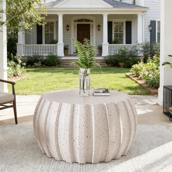 35.43" Concrete Outdoor Table,Modern Round Stone Coffee Table,Waterproof Outdoor Coffee Table for Patio for Terraces, Gardens, Backyards and Living Rooms (White, 35.43")