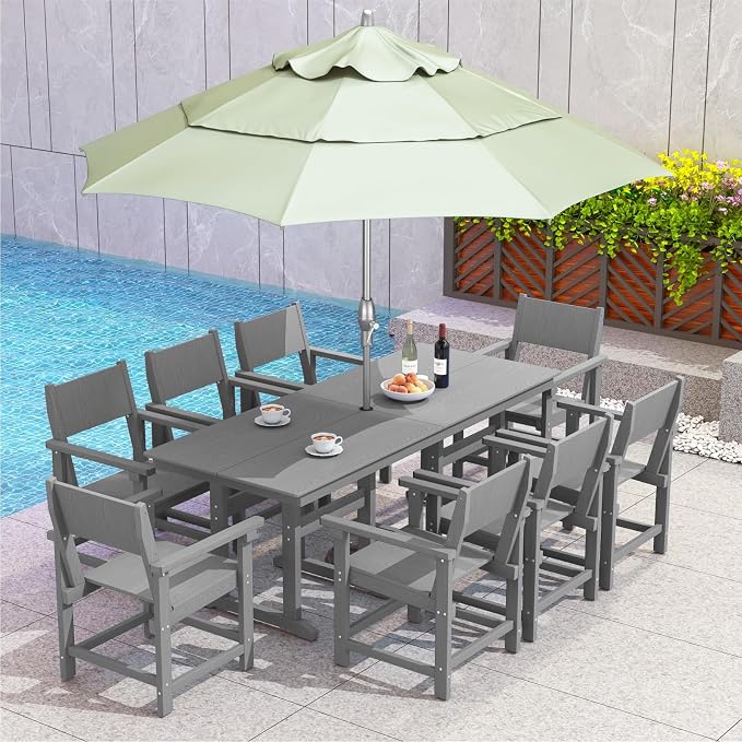 9-Piece HDPE Outdoor Patio Dining Set,Outdoor Table and Chairs,Modern Plastic Dining Sets with Umbrella Hole Cut-Out Table and 8 Chairs Gray