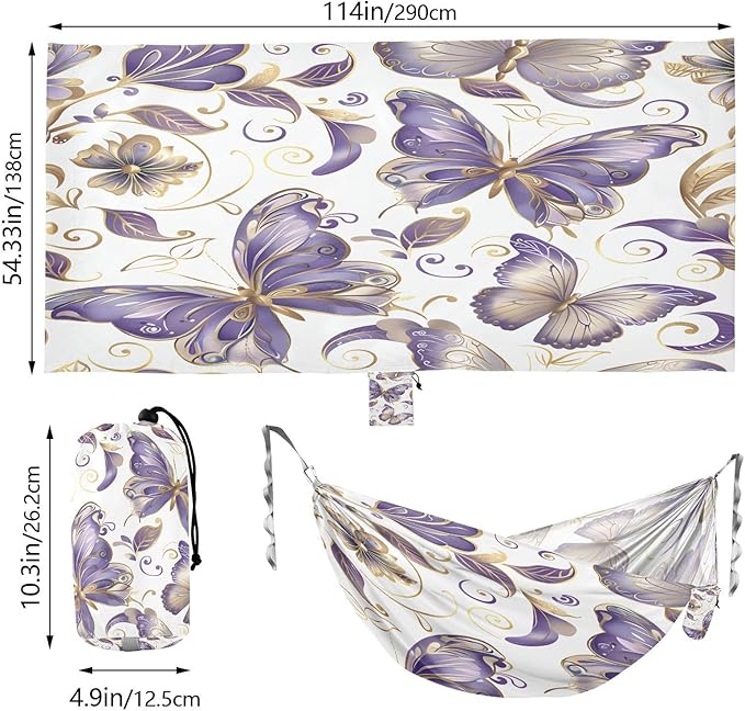 Hammocks for Outside Purple and Gold Butterflies Camping Hammock Portable Hammocks with Tree Straps and Carry Bag Camping Accessories for Hiking Beach Outdoor
