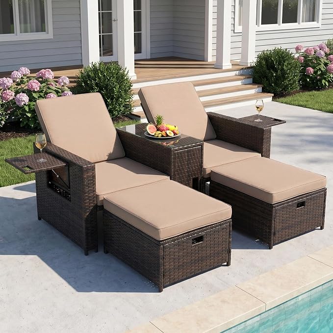 LVUYOYO 5 Piece Patio Furniture Set, Patio Wicker Conversation Set with Ottoman, Outdoor Chaise Lounge Chair with Side Table & Adjustable Backrest for Pool Backyard Garden (Brown Wicker Khaki Cushion)