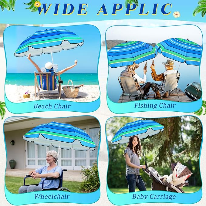 Buryeah 2 Pcs Beach Chair Umbrella Automatic with Universal Adjustable Clamp 44" UPF 50+ Portable Clamp on Beach Chair for Wheelchair Patio Golf Carts Camping