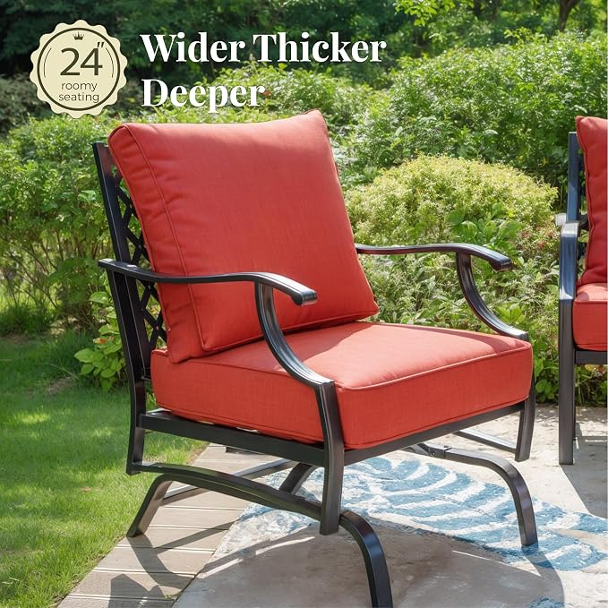 MIXPATIO Patio Furniture Set with Fire Pit Table, 5 Pcs Metal Outdoor Conversation Set, 4 Rocking Chairs with 5.75" Extra Thick Cushion and 28" Fire Pit Table for Backyard Deck, Red