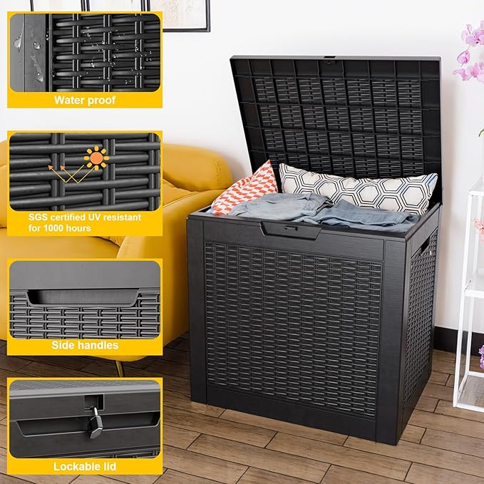 36 Gallon Waterproof Outdoor Storage Box,Deck Boxs for Outdoor and Indoor Use,Deck Storage Box for Picnic Supplies,Gardening Tools,Lockable and Easy to Install(Black)