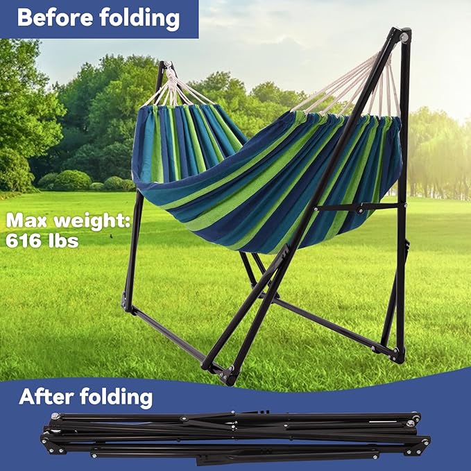 Portable Hammock with Stand for Outside Foldable,Frabic Tension Adjustable Indoor,Carrying Bag Included, 616 lbs Weight Capacity, Suitable Garden Yard Outdoor Inhouse Multicolour