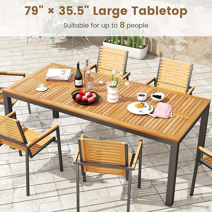 HAPPYGRILL Patio Dining Table for 8, 79" Large Rectangle Table with Acacia Wood Tabletop & Heavy Duty Metal Frame, Outdoor Dining Table with 2" Umbrella Hole for Backyard, Lawn & Garden
