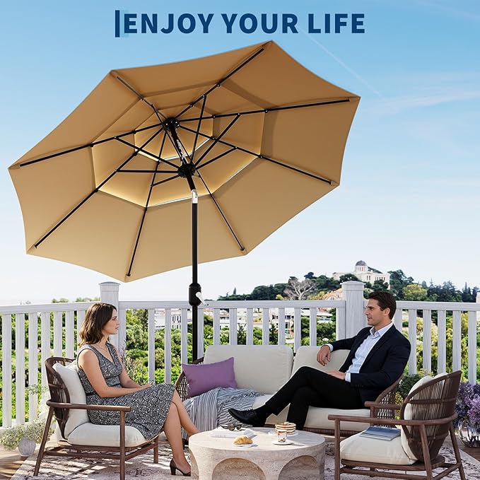 Garvee 10Ft 3-Tier Patio Umbrella, Outdoor Table Umbrella with Vents, Easy Crank and Push Button Tilt, Market Umbrella with 8 Sturdy Ribs for Pool, Deck, Yard, Garden -Tan