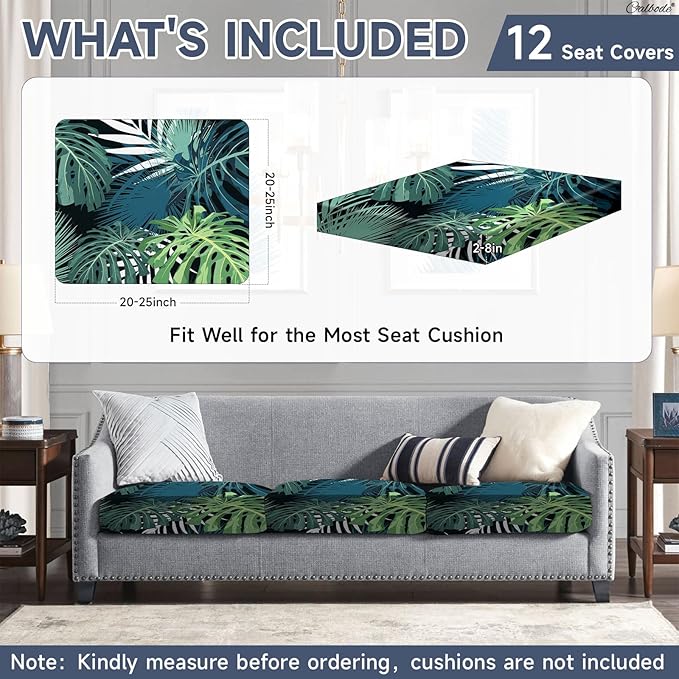 CALBODE 12 Pcs Stretch Outdoor Seat Cushion Covers, Washable Chair Seat Cover for Patio Furniture Cushions Soft Indoor and Outdoor Couch Cover Replacement (Greenery, Cover Only)