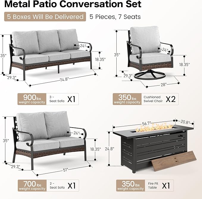5 Piece Metal Outdoor Patio Furniture Sets with Firepit Table, Patio Conversation Sets 1 3-Seater Sofa, 1 2-Seater Loveseat, 2 Swivel Chair with 5.75" Cushion for Backyard, Light Gray