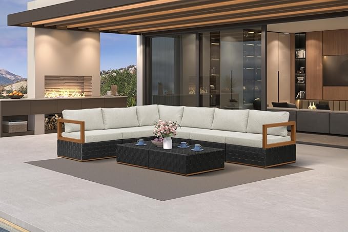 PURPLE LEAF Patio Conversation Sets 8 Pieces, Premium Leather Outdoor Couch Sectional Sofa, L-Shaped Patio Outdoor Furniture Set with Olefin Cushions, Patio Couch for Porch, Balcony, Garden, Black