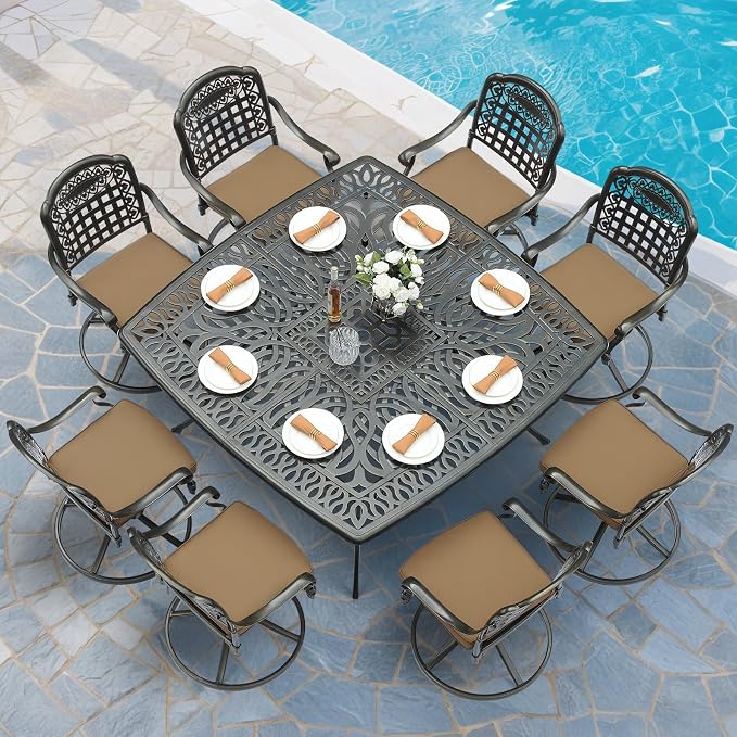 MEETWARM 9-Piece Outdoor Patio Dining Set, All Weather Cast Aluminum Patio Funiture Table and Chairs Set- Large 64" Square Table and 8 Cushioned Swivel Rocker Chairs for Garden, Umbrella Hole, Khaki