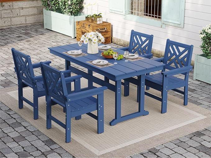 5-Piece Outdoor Dining Set, HDPE All-Weather Patio Table and Chairs Set for 4, Outdoor Patio Furniture Sets with Umbrella Hole for Outside, Deck, Backyard, Garden (Navy Blue)