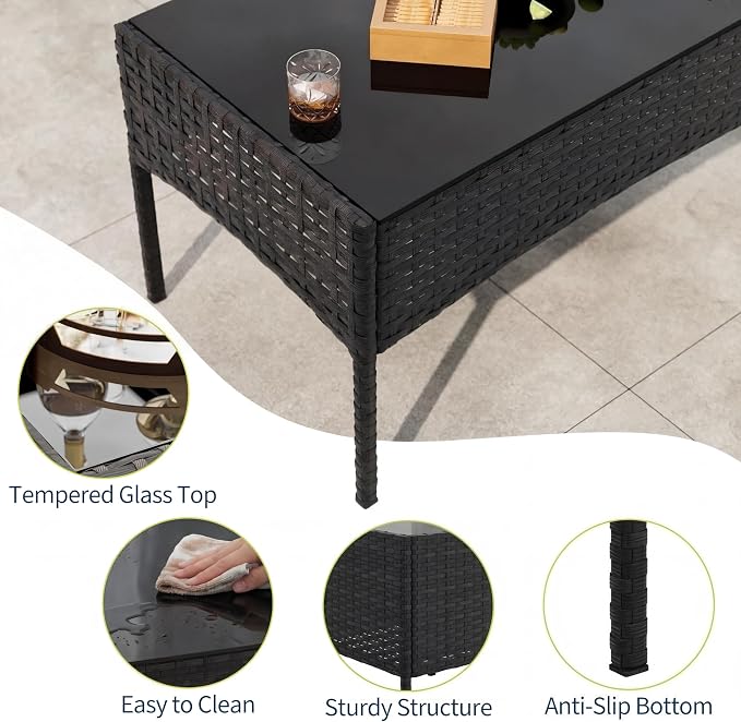 4 Piece Patio Furniture Set, Outdoor Deck Rattan Chair Wicker Combo Furniture, All Weather Dialogue Rattan Sofa with Upholstery and Glass Table for Garden, Backyard, Porch, Lawn, Pool, Black+White