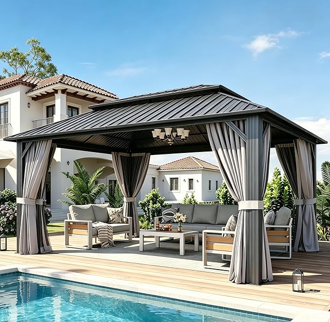 Aoxun 12Ft X 16Ft Hardtop Gazebo, Aluminum Metal Outdoor Gazebo with Breathable Netting and Curtains, Galvanized Steel Double Top, Permanent Patio Pavilion for Backyard, Wedding, Party