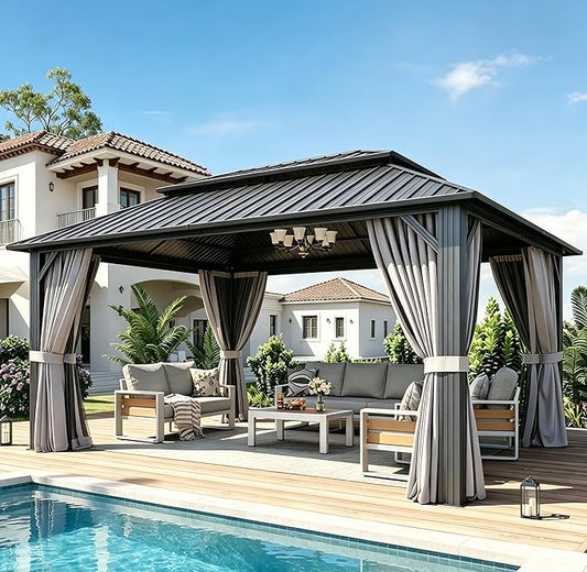 Aoxun 12Ft X 16Ft Hardtop Gazebo, Aluminum Metal Outdoor Gazebo with Breathable Netting and Curtains, Galvanized Steel Double Top, Permanent Patio Pavilion for Backyard, Wedding, Party