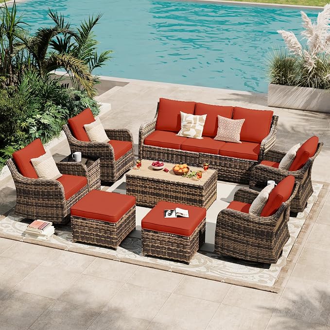 MEISSALIVVE Patio Furniture Set with Swivel Rocking Chairs, 10 Pieces Patio Conversation Set, Outdoor Wicker Sofa Couch with Waterproof Cushions for Lawn Backyard Porch (Red)