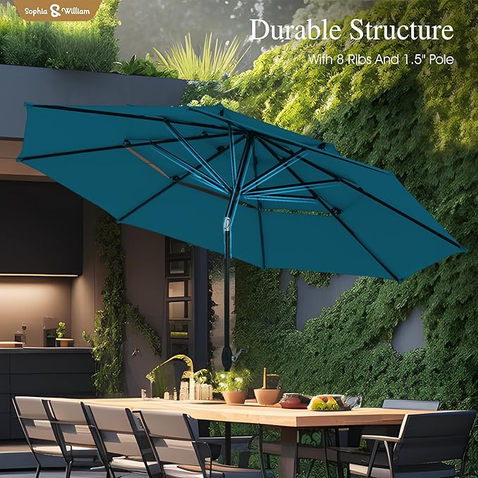 Sophia & William 10ft 3 Tier Auto-tilt Patio Umbrella,Wind Resistent,Outdoor Patio Umbrellas Double Vented Umbrella with Crank for Pool Garden Backyard, Cyan-blue