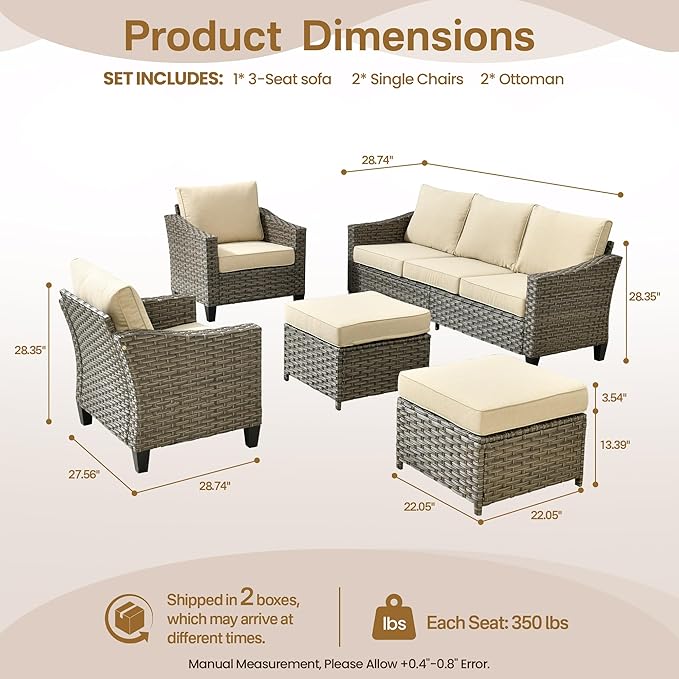 5 Pcs Patio Conversation Set for 7 Seats, Rattan Wicker Outdoor Patio Furniture Set, 2 x Single Chair, 2 x Ottoman, 3-Seat Sofa for Lawn Garden Backyard(Dark Grey)