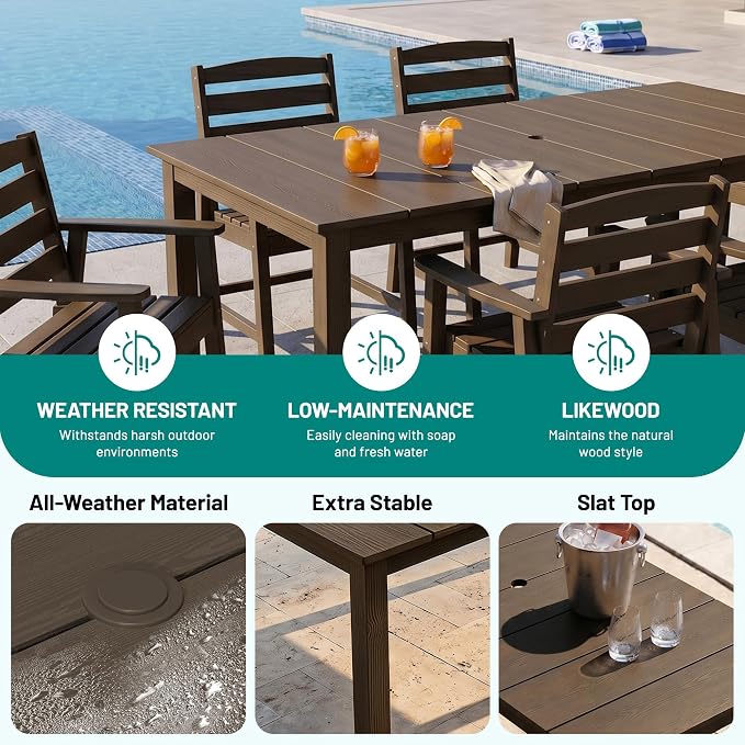 PLUUV 5-Piece Patio Dining Set, Hdpe Outdoor Patio Furniture Set with Aluminum Table Legs & Umbrella Hole, All-Weather Resistant Patio Table Set for Garden, Backyard, 4 Chairs & 1 Table, Coffee
