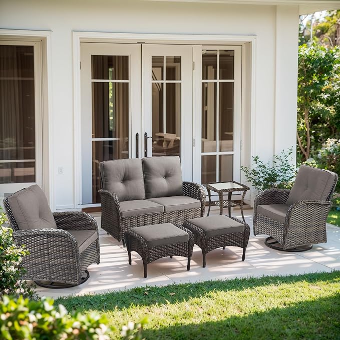 Outdoor Swivel Glider Rocker Chairs Set- 6 Piece Patio Furniture Set with A Glider Loveseat, Tempered Glass Side Table and 2 Ottoman, for Balcony, Porch - Brown Wicker, Grey Cushion
