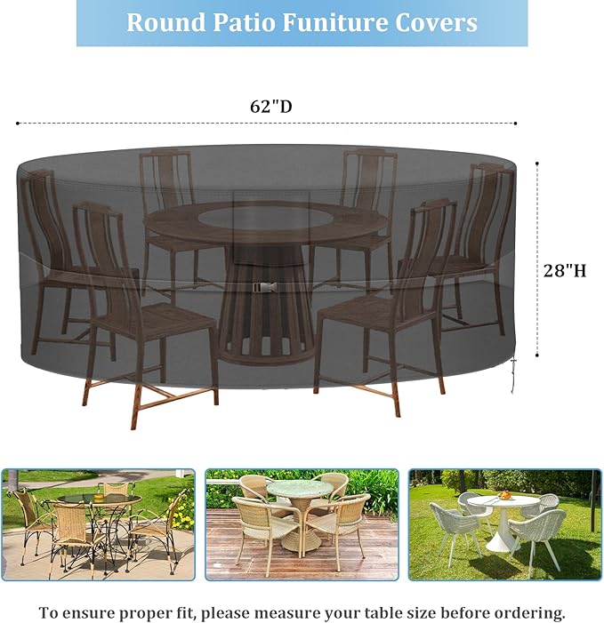 RICHIE Round Patio Furniture Covers - 600D Heavy Duty Waterproof Outdoor Table Cover, Lawn Furniture Set Covers for Dining Table and Chairs Seating 62"DIAx28"H