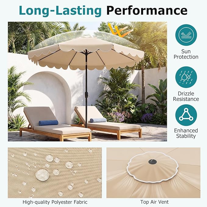 HAPPYGRILL 10 FT Patio Umbrella, Market Table Umbrella w/Crank, Push Button Tilt, Ruffled Edges, Vented Top & 8 Ribs, Outdoor Sun Shade for Poolside Backyard Beach