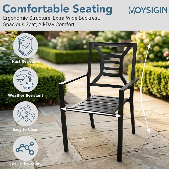 Outdoor Patio Dining Sets 9 Pieces, Large 77" Rectangular Metal Dining Table with Umbrella Hole & 8 Stackable Chairs, Weather Resistant Garden Furniture Set for Backyard, Deck, Porch