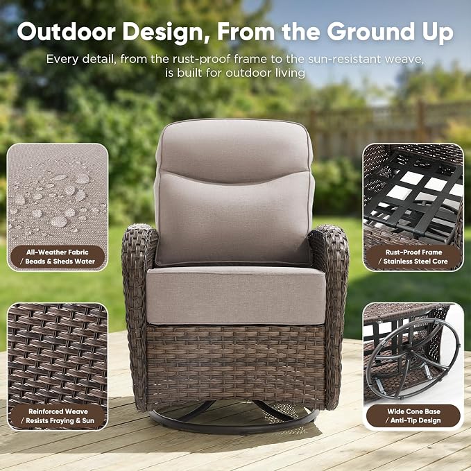 HUMMUH 4PCS Outdoor Swivel Rocker Patio Chairs with 6-inch Thick Cushion, Luxury High Back Patio Furniture Set,Wicker Conversation Set for Deck Yard and Poolside
