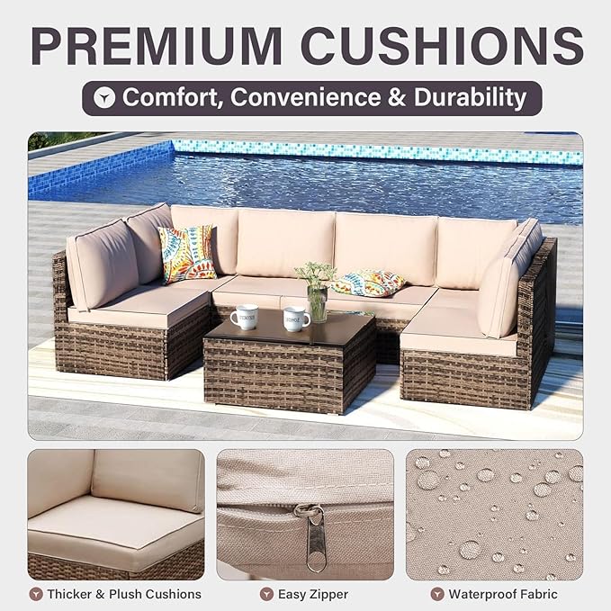 7-Piece Outdoor Patio Furniture Set – Handwoven All-Weather Rattan & 4” Thick Waterproof Cushions, Wicker Outdoor Conversation Sets with Coffee Table for Deck, Backyard, Garden, Beige/Brown