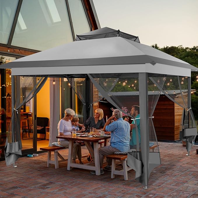 COBIZI 11x11 Pop Up Canopy One-Push Canopy Tent, Carpas para Patio, Outdoor Gazebo Shelter with Double Roof and Mosquito Net of Shade for Lawn, Garden, Backyard and Deck, Gray (Upgraded 2.0)