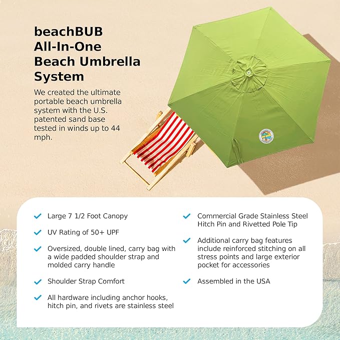 BEACHBUB ALL-IN-ONE BEACH UMBRELLA SYSTEM. Includes ULTRA Base (compliant with the ASTM F3681-24 Beach Umbrella Safety Standard). (Lime Lounger Green)