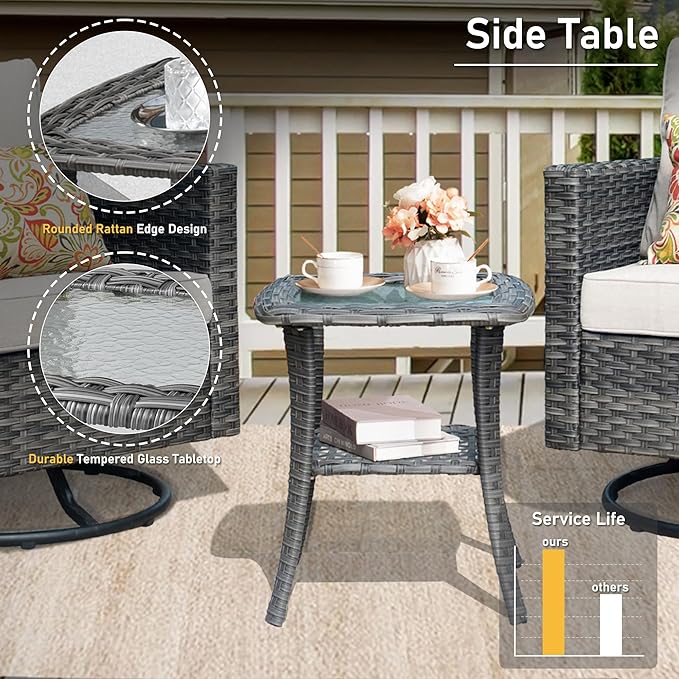 HOOOWOOO Wicker Outdoor Swivel Bistro Set for 2,3 Piece Patio Rocking Chairs and Table,All Weather Resistant Outside Out Door Rattan Rockers Furniture Set,Beige