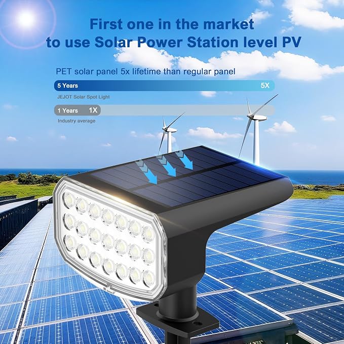 JEJOT Solar Lights Outdoor Waterproof IP65, Super Bright LED with Lens, 3000K 2 Lighting Modes, Solar Powered Yard Garden Solar Spot Lights for Outside Landscape Auto On/Off -4 Pack