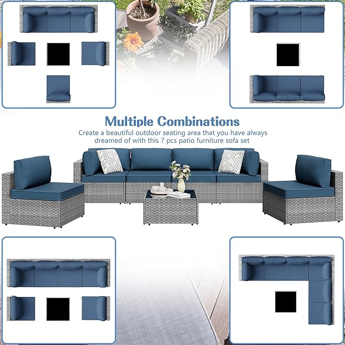 Shintenchi 7 Pieces Outdoor Patio Furniture Sets, Patio Sectional Sofa Couch, Silver Gray PE Wicker Furniture Modular Patio Conversation Sets Patio Sofa with Washable Cushions & Coffee Table (Blue)