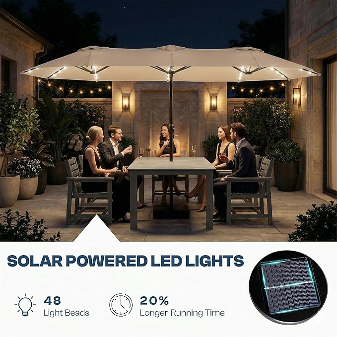 15FT Large Outdoor Patio Umbrella with Solar Lights and Base, Double-Sided Table Umbrellas with 48 LED Lights, Rectangle Market Umbrella for Pool, Deck, Backyard