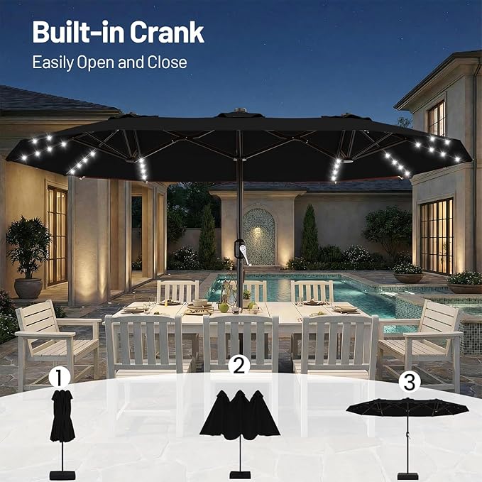 AreShark 13 FT Patio Umbrella with Solar Lights, Double-Sided Outdoor Table Umbrellas with Crank, Large Rectangular Market Umbrella for Porch, Lawn, Pool, Backyard, Black