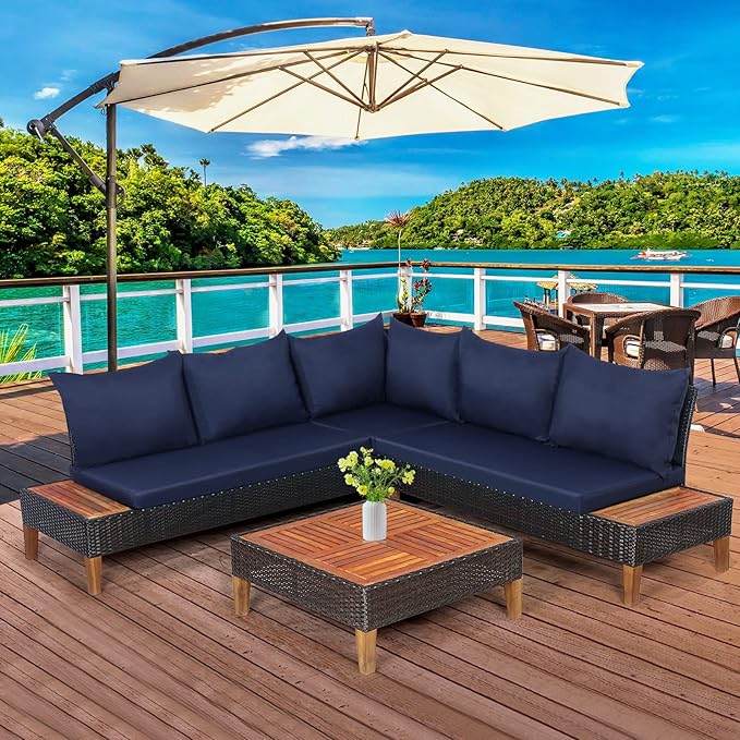 Tangkula 4 Pieces Acacia Wood Patio Conversation Set, Patiojoy Outdoor PE Rattan Sectional Sofa Set with Coffee Table, Corner Sofa & 2 Loveseats, for Backyard Garden Poolside