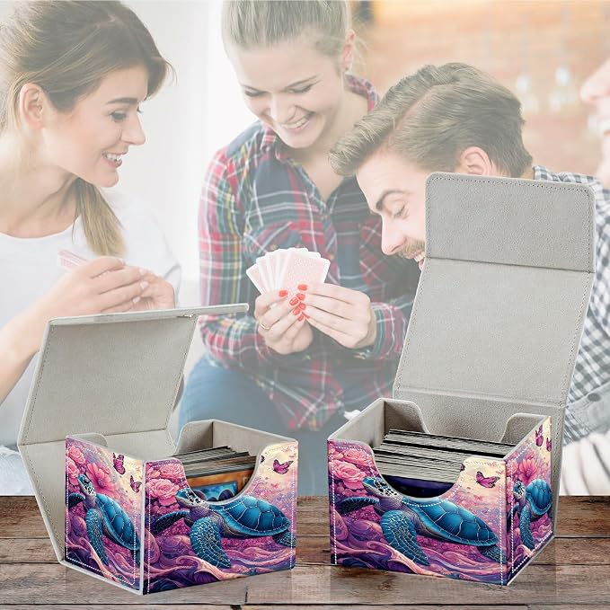 Card Deck Box for MTG, Cards Storage Box Fits 120+ Sleeved, Leather Small Size Strong Magnetic Closing Card Case for Board Games Magic TCG CCG Baseball Collection, Pink Flower Turtle