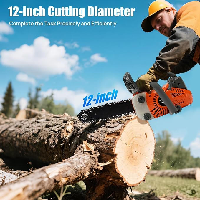 12 Inch Gas Chainsaw, 25.4CC 2-Stroke Top Handle Gas Powered Chainsaw, Petrol Handheld Gasoline Chainsaws for Cutting Forest Trees Wood, Garden, Farm Cutting