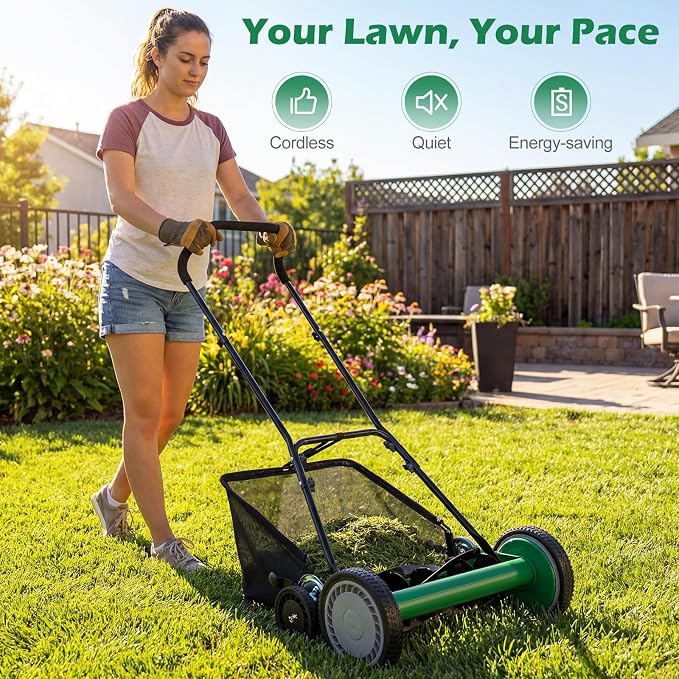 Push Reel Lawn Mower, Cordless 18" Manganese Steel Manual Grass Cutter with 5-Blade, Removable Grass Catcher, 9 Cutting Heights, Walk-Behind Lawn Mower for Garden Farm Yard (Green)