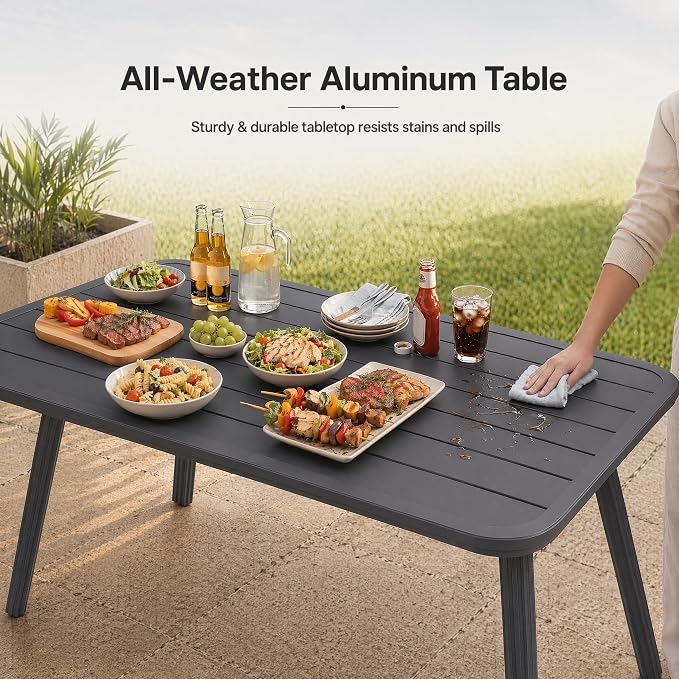 8-Pcs Aluminum Outdoor Dining Set, All-Weather Rattan Patio Furniture Set Include Two 51.2" Rectangular Tables & 6 PE Wicker Chairs with Waterproof Cushions for Balcony Backyard Garden Deck BBQ (Grey)