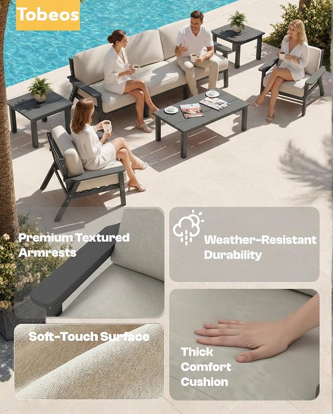 HDPE Patio Furniture Set 5 Seats with Cantilever Umbrella, Outdoor Couch with Washable Thick Beige Cushions & Tables, Outdoor Sectional Furniture for Deck, Lawn, Porch (Gray Frame)