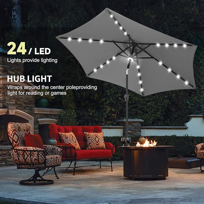 10FT Solar Patio Umbrella - Outdoor Umbrella with Centre Surround Light 24 LED Lights, Market Table Umbrella with Tilt for Pool, Porch, Garden, Deck, Backyard UV Protection (Anthracite)