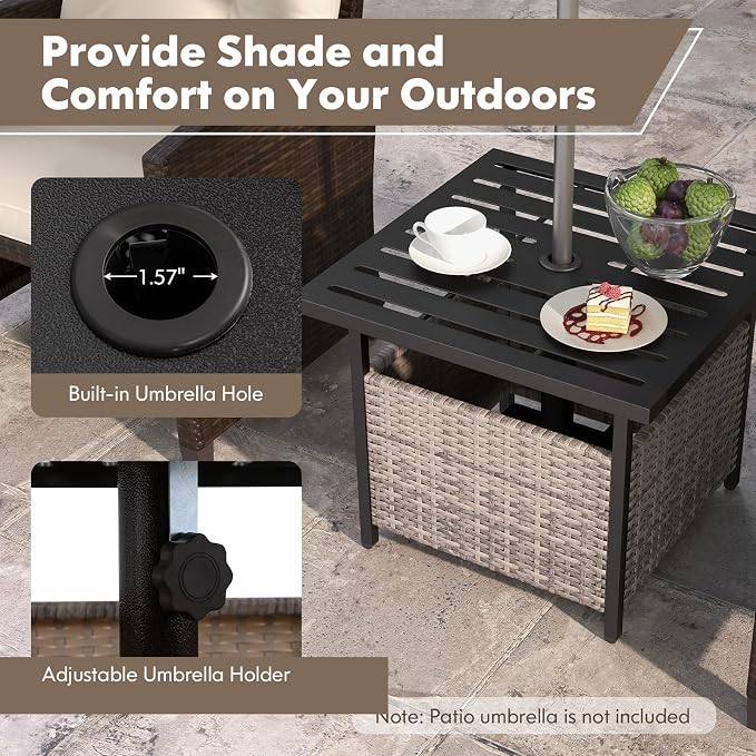 Tangkula Outdoor Table with Umbrella Hole, Rattan Umbrella Stand Table, Wicker Outside Side Table with Steel Metal Frame, Patio Bistro Table for Deck Garden Pool Yard, 22 x 22 x 18.5 Inch (Grey)